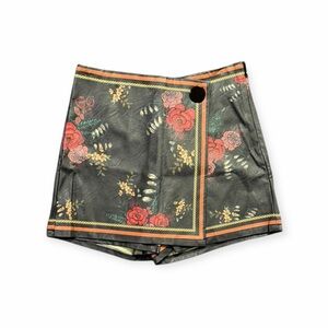 Boutique Rose Scarf Print Wrap Skort Black Floral Button Waist Size S